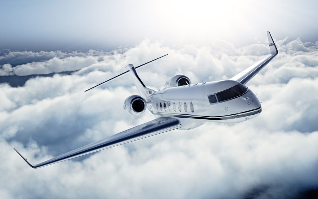 Realistic photo of White Luxury generic design private jet flying over the earth. Empty blue sky with white clouds at background. Business Travel Concept. Horizontal. 3d rendering