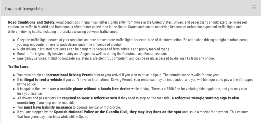 Screengrab of state department website showing Spain's Traffic laws as an example